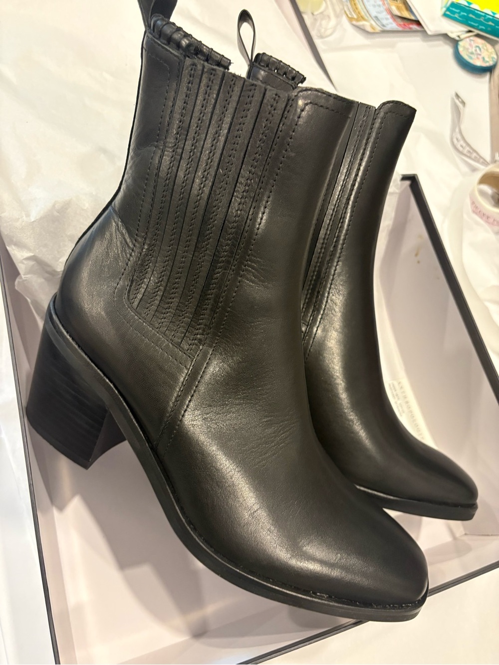 Silent D - Women's Black Leather Chelsea Ankle Boots with Block Heel